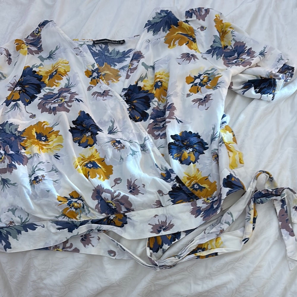 Abercrombie & Fitch Floral Wrap Blouse - White, Yellow, Blue